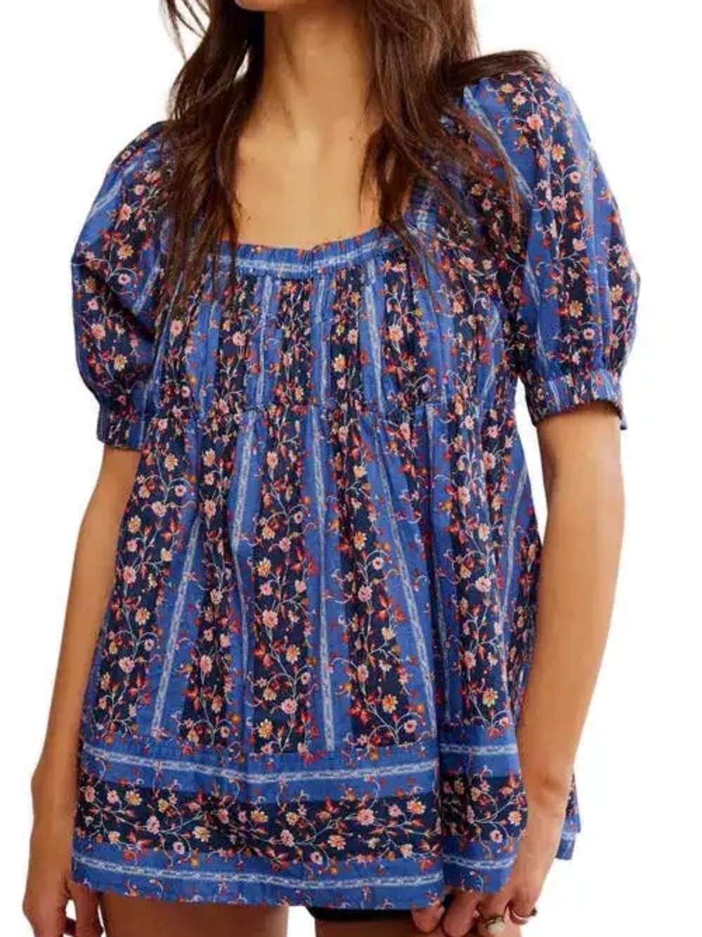 Free People M Blue Floral Square-Neck Peasant Tunic